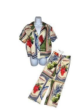 Rachel Zoe 2pc colorful top-pants tropical print linen blend travel outfit sz S